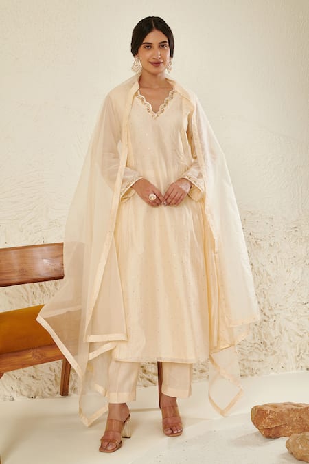 Label Flamingo By Vrinda Ivory Chanderi, Organza Mirrors, Sequins, Mukaish Embroidered Anarkali Set Online at Aza Fashions Label Flamingo By Vrinda_Ivory Chanderi, Organza Mirrors, Sequins, Mukaish Embroidered Anarkali Set _Online_at_Aza_Fashions