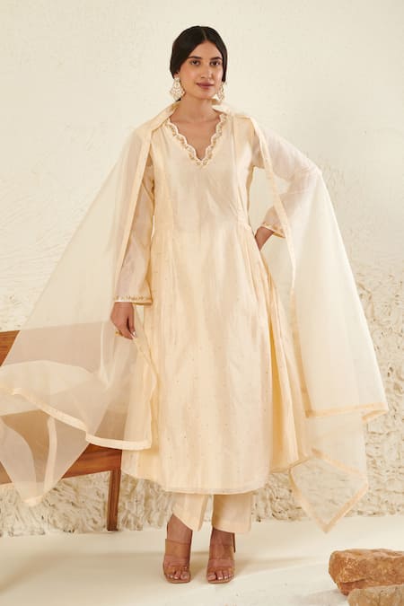 Buy Label Flamingo By Vrinda Ivory Chanderi, Organza Mirrors, Sequins, Mukaish Embroidered Anarkali Set Online at Aza Fashions Buy_Label Flamingo By Vrinda_Ivory Chanderi, Organza Mirrors, Sequins, Mukaish Embroidered Anarkali Set _Online_at_Aza_Fashions