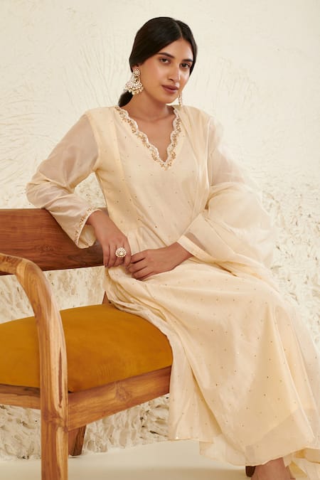 Shop Label Flamingo By Vrinda Ivory Chanderi, Organza Mirrors, Sequins, Mukaish Embroidered Anarkali Set Online at Aza Fashions Shop_Label Flamingo By Vrinda_Ivory Chanderi, Organza Mirrors, Sequins, Mukaish Embroidered Anarkali Set _Online_at_Aza_Fashions