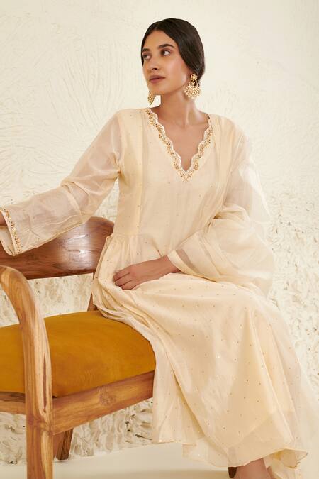 Label Flamingo By Vrinda Ivory Chanderi, Organza Mirrors, Sequins, Mukaish Embroidered Anarkali Set at Aza Fashions Label Flamingo By Vrinda_Ivory Chanderi, Organza Mirrors, Sequins, Mukaish Embroidered Anarkali Set _at_Aza_Fashions