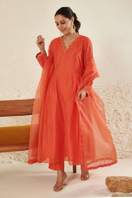 Shop_Label Flamingo By Vrinda_Orange Chanderi, Organza Sequins, Mirrors V-neck Mukaish Work Anarkali Set _Online_at_Aza_Fashions