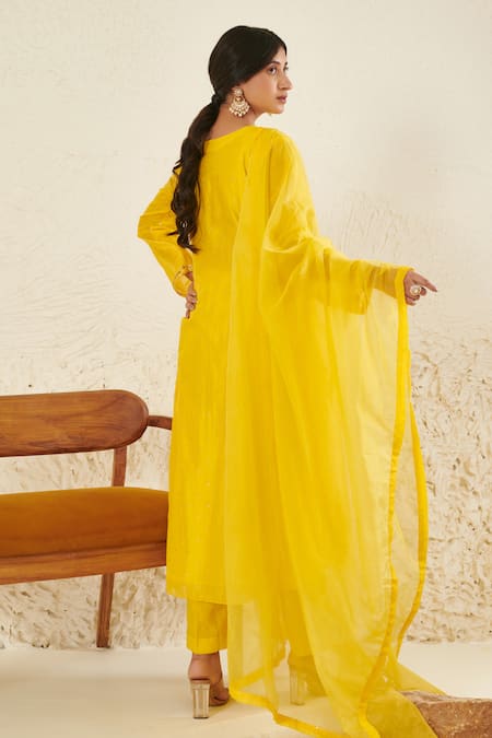 Shop Label Flamingo By Vrinda Yellow Chanderi, Organza Mirrors, Sequins, Pearls Mukaish Work Anarkali Set at Aza Fashions Shop_Label Flamingo By Vrinda_Yellow Chanderi, Organza Mirrors, Sequins, Pearls Mukaish Work Anarkali Set _at_Aza_Fashions