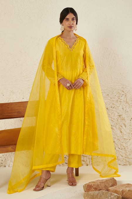 Label Flamingo By Vrinda Yellow Chanderi, Organza Mirrors, Sequins, Pearls Mukaish Work Anarkali Set Online at Aza Fashions Label Flamingo By Vrinda_Yellow Chanderi, Organza Mirrors, Sequins, Pearls Mukaish Work Anarkali Set _Online_at_Aza_Fashions