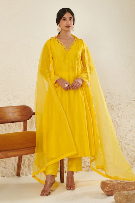 Buy Label Flamingo By Vrinda Yellow Chanderi, Organza Mirrors, Sequins, Pearls Mukaish Work Anarkali Set Online at Aza Fashions Buy_Label Flamingo By Vrinda_Yellow Chanderi, Organza Mirrors, Sequins, Pearls Mukaish Work Anarkali Set _Online_at_Aza_Fashions