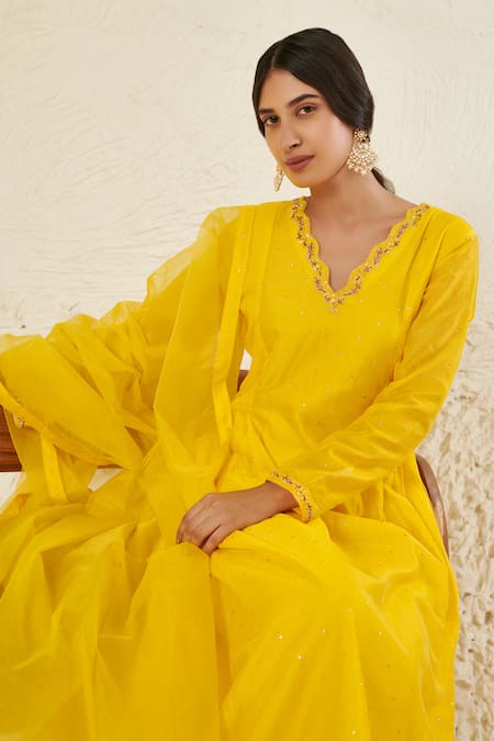 Shop Label Flamingo By Vrinda Yellow Chanderi, Organza Mirrors, Sequins, Pearls Mukaish Work Anarkali Set Online at Aza Fashions Shop_Label Flamingo By Vrinda_Yellow Chanderi, Organza Mirrors, Sequins, Pearls Mukaish Work Anarkali Set _Online_at_Aza_Fashions