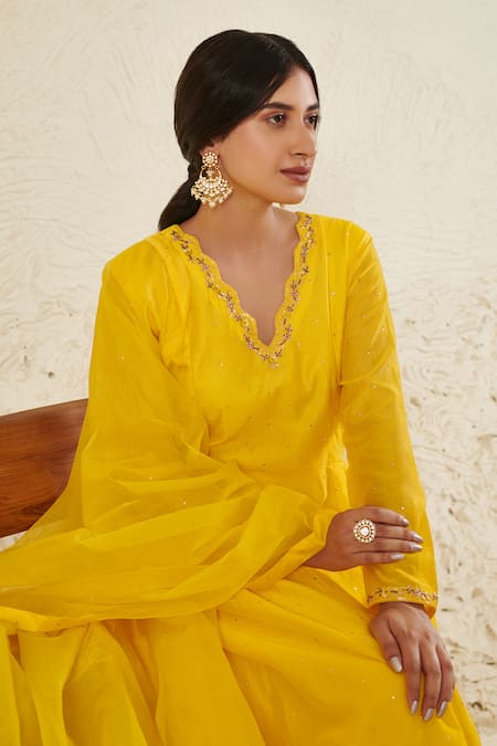 Label Flamingo By Vrinda Yellow Chanderi, Organza Mirrors, Sequins, Pearls Mukaish Work Anarkali Set at Aza Fashions Label Flamingo By Vrinda_Yellow Chanderi, Organza Mirrors, Sequins, Pearls Mukaish Work Anarkali Set _at_Aza_Fashions