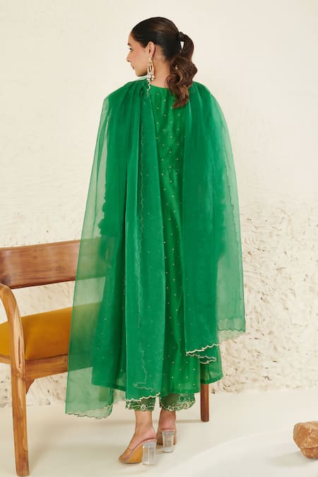 Shop_Label Flamingo By Vrinda_Green Chanderi, Organza Mirrors, Sequins, Pearls, Anarkali Angrakha Set _at_Aza_Fashions