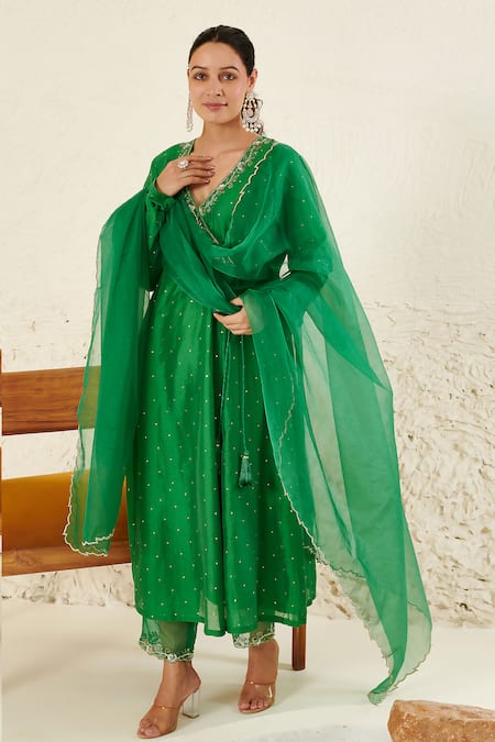 Label Flamingo By Vrinda_Green Chanderi, Organza Mirrors, Sequins, Pearls, Anarkali Angrakha Set _Online_at_Aza_Fashions