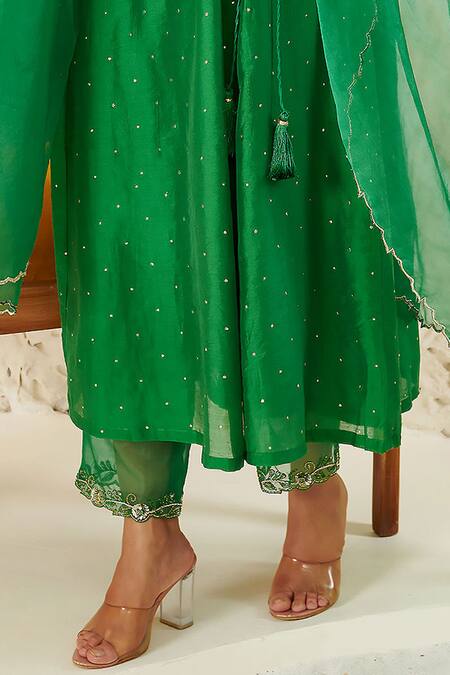 Buy_Label Flamingo By Vrinda_Green Chanderi, Organza Mirrors, Sequins, Pearls, Anarkali Angrakha Set _Online_at_Aza_Fashions
