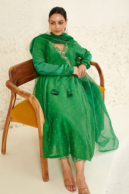 Shop_Label Flamingo By Vrinda_Green Chanderi, Organza Mirrors, Sequins, Pearls, Anarkali Angrakha Set _Online_at_Aza_Fashions