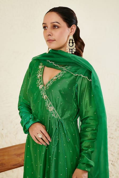 Label Flamingo By Vrinda_Green Chanderi, Organza Mirrors, Sequins, Pearls, Anarkali Angrakha Set _at_Aza_Fashions