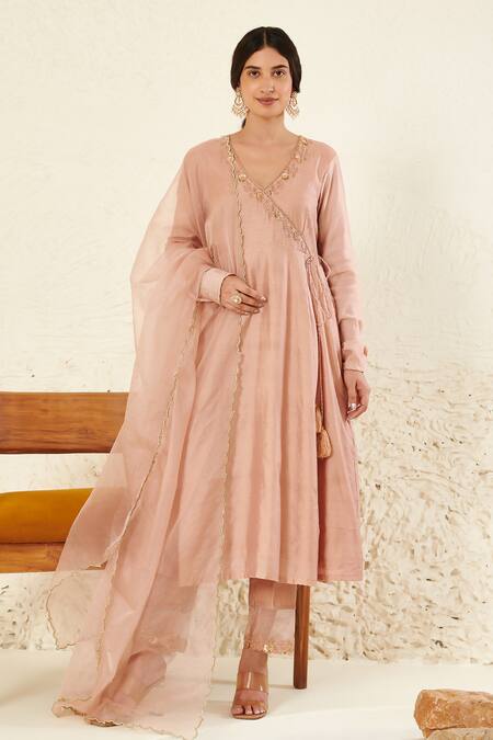 Label Flamingo By Vrinda Peach Chanderi, Organza Sequins, Mirrors, Pearls, Anarkali Angrakha Set Online at Aza Fashions Label Flamingo By Vrinda_Peach Chanderi, Organza Sequins, Mirrors, Pearls, Anarkali Angrakha Set _Online_at_Aza_Fashions