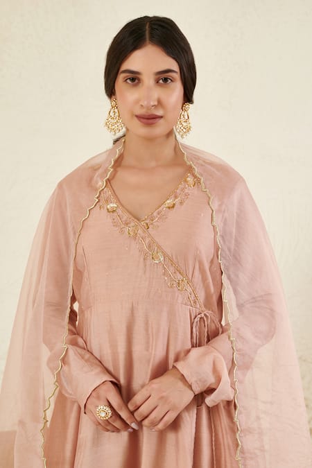Shop Label Flamingo By Vrinda Peach Chanderi, Organza Sequins, Mirrors, Pearls, Anarkali Angrakha Set Online at Aza Fashions Shop_Label Flamingo By Vrinda_Peach Chanderi, Organza Sequins, Mirrors, Pearls, Anarkali Angrakha Set _Online_at_Aza_Fashions