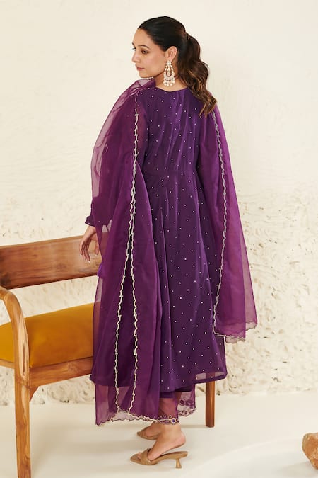 Label Flamingo By Vrinda Purple Chanderi, Organza Metallic Thread, Mukaish Anarkali Angrakha Set Online at Aza Fashions Label Flamingo By Vrinda_Purple Chanderi, Organza Metallic Thread, Mukaish Anarkali Angrakha Set _Online_at_Aza_Fashions