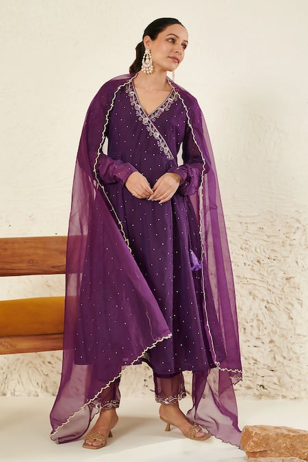 Shop Label Flamingo By Vrinda Purple Chanderi, Organza Metallic Thread, Mukaish Anarkali Angrakha Set Online at Aza Fashions Shop_Label Flamingo By Vrinda_Purple Chanderi, Organza Metallic Thread, Mukaish Anarkali Angrakha Set _Online_at_Aza_Fashions
