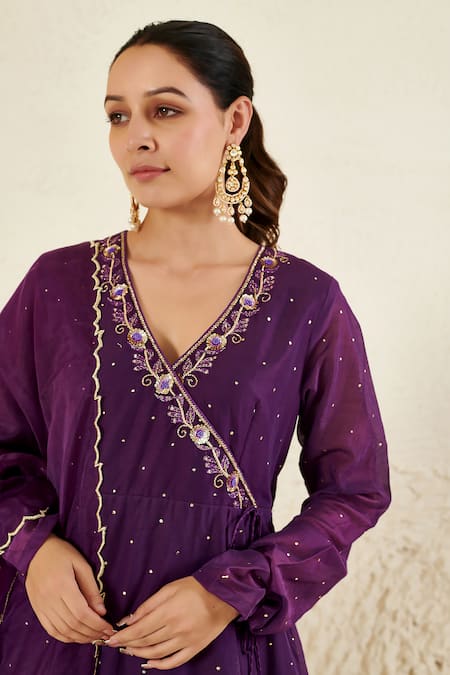 Label Flamingo By Vrinda Purple Chanderi, Organza Metallic Thread, Mukaish Anarkali Angrakha Set at Aza Fashions Label Flamingo By Vrinda_Purple Chanderi, Organza Metallic Thread, Mukaish Anarkali Angrakha Set _at_Aza_Fashions