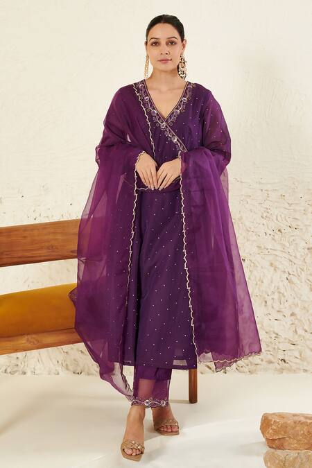 Buy Label Flamingo By Vrinda Purple Chanderi, Organza Metallic Thread, Mukaish Anarkali Angrakha Set Buy_Label Flamingo By Vrinda_Purple Chanderi, Organza Metallic Thread, Mukaish Anarkali Angrakha Set