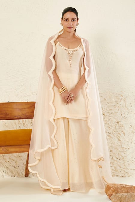 Label Flamingo By Vrinda Ivory Chanderi, Organza Mirrors Round Neck Embroidered Kurta Gharara Set Online at Aza Fashions Label Flamingo By Vrinda_Ivory Chanderi, Organza Mirrors Round Neck Embroidered Kurta Gharara Set _Online_at_Aza_Fashions