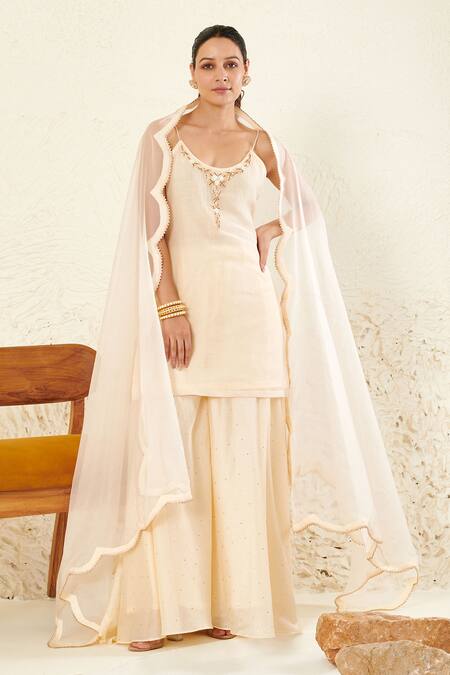 Buy Label Flamingo By Vrinda Ivory Chanderi, Organza Mirrors Round Neck Embroidered Kurta Gharara Set Online at Aza Fashions Buy_Label Flamingo By Vrinda_Ivory Chanderi, Organza Mirrors Round Neck Embroidered Kurta Gharara Set _Online_at_Aza_Fashions