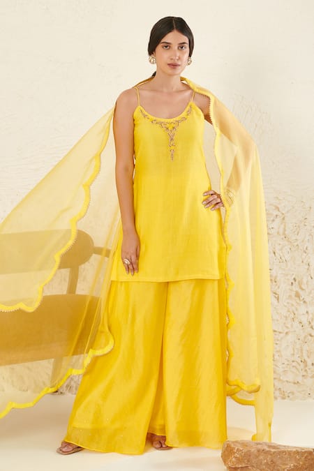 Shop Label Flamingo By Vrinda Yellow Chanderi, Organza Pearls, Sequins, Mirrors Embroidered Kurta Gharara Set at Aza Fashions Shop_Label Flamingo By Vrinda_Yellow Chanderi, Organza Pearls, Sequins, Mirrors Embroidered Kurta Gharara Set _at_Aza_Fashions
