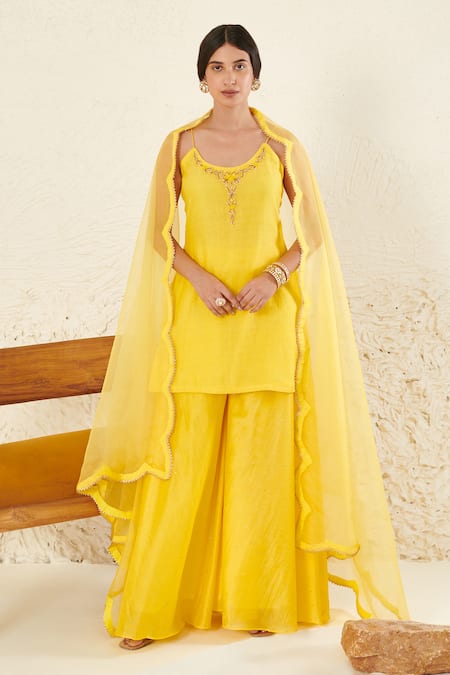 Label Flamingo By Vrinda Yellow Chanderi, Organza Pearls, Sequins, Mirrors Embroidered Kurta Gharara Set Online at Aza Fashions Label Flamingo By Vrinda_Yellow Chanderi, Organza Pearls, Sequins, Mirrors Embroidered Kurta Gharara Set _Online_at_Aza_Fashions