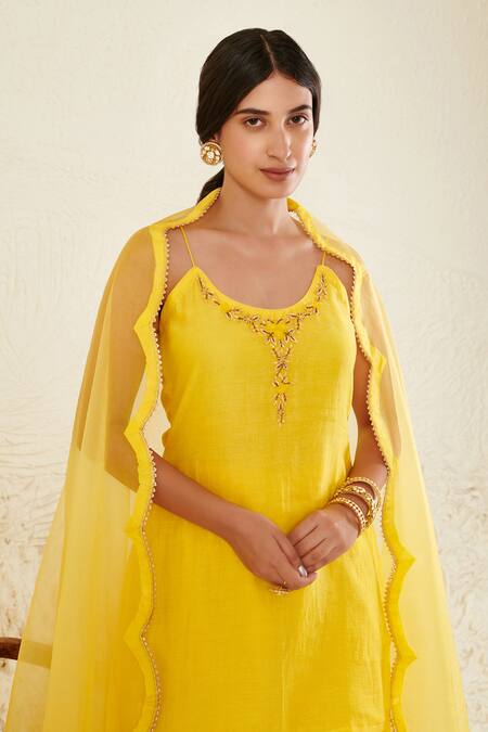 Buy Label Flamingo By Vrinda Yellow Chanderi, Organza Pearls, Sequins, Mirrors Embroidered Kurta Gharara Set Online at Aza Fashions Buy_Label Flamingo By Vrinda_Yellow Chanderi, Organza Pearls, Sequins, Mirrors Embroidered Kurta Gharara Set _Online_at_Aza_Fashions