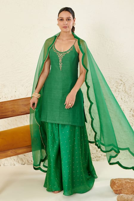 Buy_Label Flamingo By Vrinda_Green Chanderi, Organza Mirrors, Gota Patti Mukaish Embroidered Gharara Set _Online_at_Aza_Fashions
