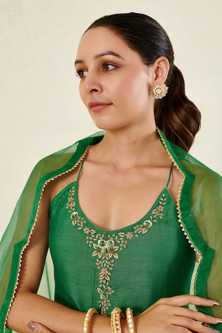 Label Flamingo By Vrinda_Green Chanderi, Organza Mirrors, Gota Patti Mukaish Embroidered Gharara Set _at_Aza_Fashions