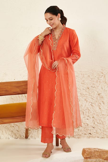 Shop_Label Flamingo By Vrinda_Orange Chanderi, Organza Mirrors, Embroidery, Sequins V-neck Mukaish Kurta Set _Online_at_Aza_Fashions