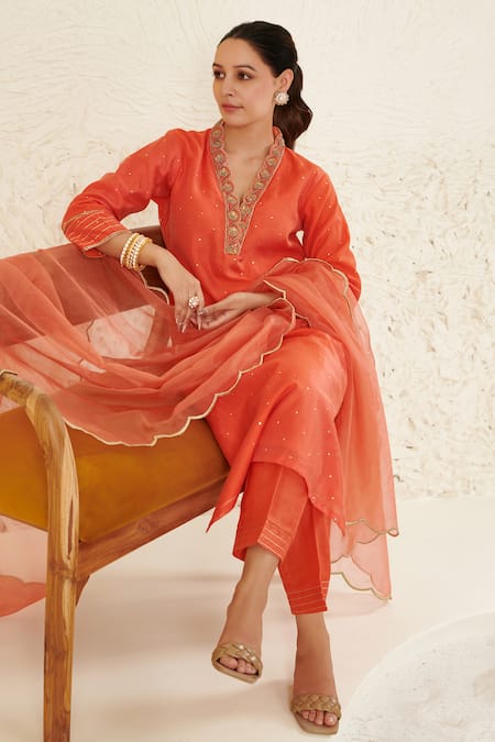 Shop_Label Flamingo By Vrinda_Orange Chanderi, Organza Mirrors, Embroidery, Sequins V-neck Mukaish Kurta Set 