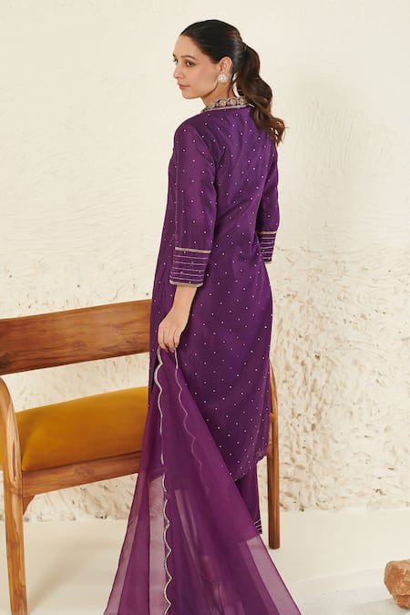 Shop Label Flamingo By Vrinda Purple Chanderi, Organza Sequins, Zari, Embroidery Mukaish Work Kurta Set at Aza Fashions Shop_Label Flamingo By Vrinda_Purple Chanderi, Organza Sequins, Zari, Embroidery Mukaish Work Kurta Set _at_Aza_Fashions