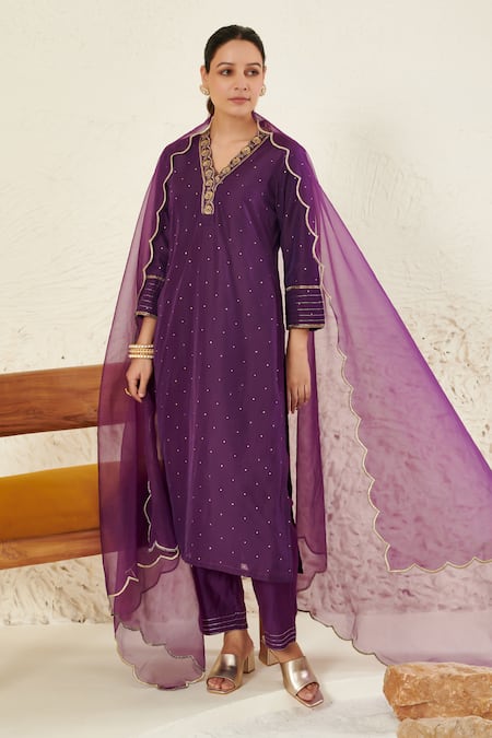 Label Flamingo By Vrinda Purple Chanderi, Organza Sequins, Zari, Embroidery Mukaish Work Kurta Set Online at Aza Fashions Label Flamingo By Vrinda_Purple Chanderi, Organza Sequins, Zari, Embroidery Mukaish Work Kurta Set _Online_at_Aza_Fashions