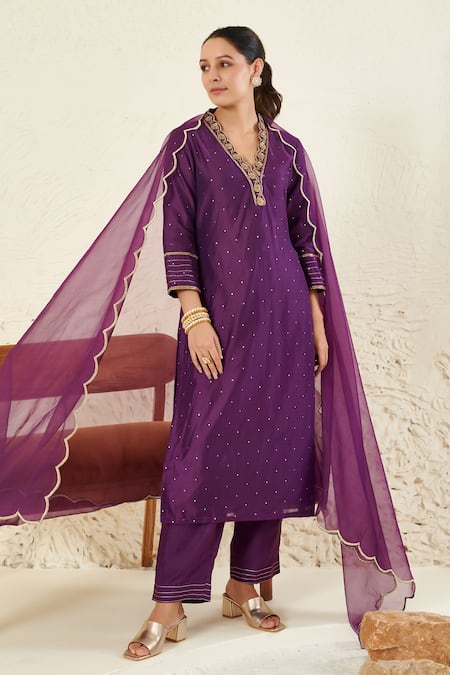 Shop Label Flamingo By Vrinda Purple Chanderi, Organza Sequins, Zari, Embroidery Mukaish Work Kurta Set Online at Aza Fashions Shop_Label Flamingo By Vrinda_Purple Chanderi, Organza Sequins, Zari, Embroidery Mukaish Work Kurta Set _Online_at_Aza_Fashions