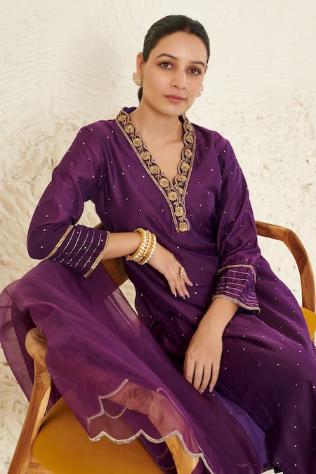 Buy Label Flamingo By Vrinda Purple Chanderi, Organza Sequins, Zari, Embroidery Mukaish Work Kurta Set Buy_Label Flamingo By Vrinda_Purple Chanderi, Organza Sequins, Zari, Embroidery Mukaish Work Kurta Set