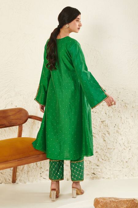 Shop Label Flamingo By Vrinda Green Chanderi, Organza Mirrors, Sequins, Zari, Gathered Kurta And Pant Set at Aza Fashions Shop_Label Flamingo By Vrinda_Green Chanderi, Organza Mirrors, Sequins, Zari, Gathered Kurta And Pant Set _at_Aza_Fashions