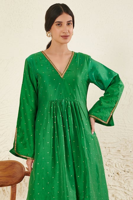 Label Flamingo By Vrinda Green Chanderi, Organza Mirrors, Sequins, Zari, Gathered Kurta And Pant Set Online at Aza Fashions Label Flamingo By Vrinda_Green Chanderi, Organza Mirrors, Sequins, Zari, Gathered Kurta And Pant Set _Online_at_Aza_Fashions