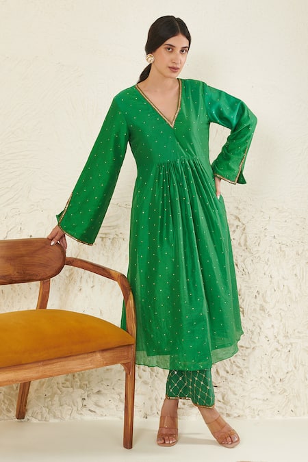 Buy Label Flamingo By Vrinda Green Chanderi, Organza Mirrors, Sequins, Zari, Gathered Kurta And Pant Set Online at Aza Fashions Buy_Label Flamingo By Vrinda_Green Chanderi, Organza Mirrors, Sequins, Zari, Gathered Kurta And Pant Set _Online_at_Aza_Fashions