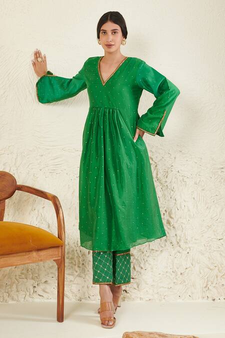 Shop Label Flamingo By Vrinda Green Chanderi, Organza Mirrors, Sequins, Zari, Gathered Kurta And Pant Set Online at Aza Fashions Shop_Label Flamingo By Vrinda_Green Chanderi, Organza Mirrors, Sequins, Zari, Gathered Kurta And Pant Set _Online_at_Aza_Fashions