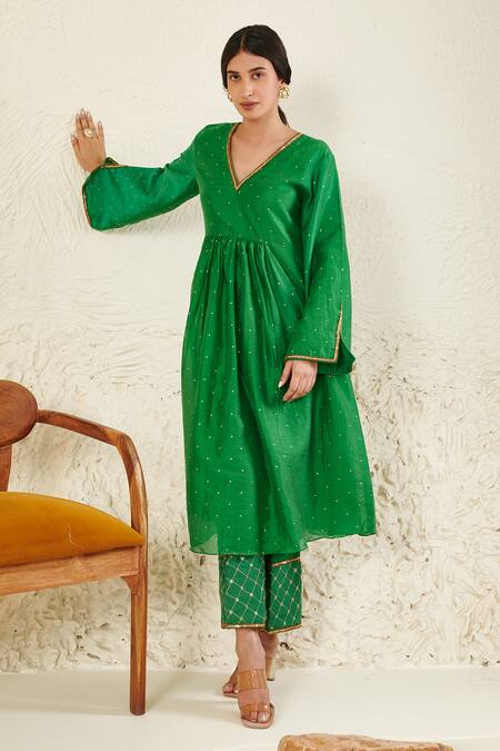 Label Flamingo By Vrinda Green Chanderi, Organza Mirrors, Sequins, Zari, Gathered Kurta And Pant Set at Aza Fashions Label Flamingo By Vrinda_Green Chanderi, Organza Mirrors, Sequins, Zari, Gathered Kurta And Pant Set _at_Aza_Fashions