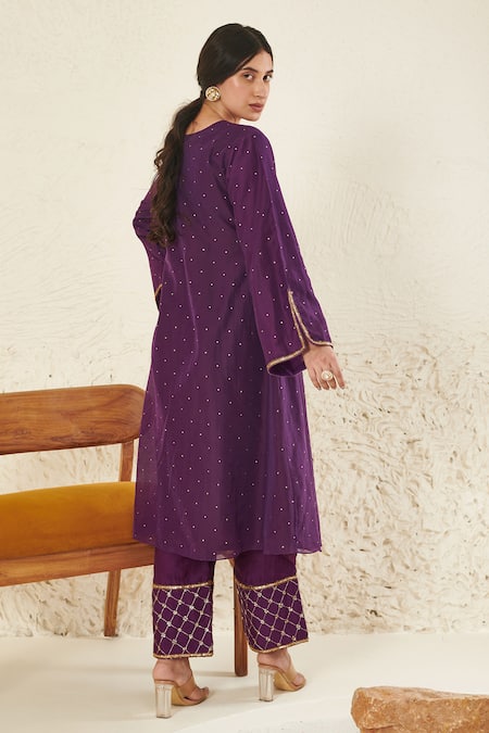 Shop Label Flamingo By Vrinda Purple Chanderi, Organza Mirrors, Sequins, Zari, Gathered Kurta And Pant Set at Aza Fashions Shop_Label Flamingo By Vrinda_Purple Chanderi, Organza Mirrors, Sequins, Zari, Gathered Kurta And Pant Set _at_Aza_Fashions