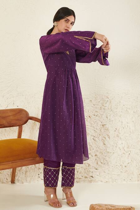 Label Flamingo By Vrinda Purple Chanderi, Organza Mirrors, Sequins, Zari, Gathered Kurta And Pant Set Online at Aza Fashions Label Flamingo By Vrinda_Purple Chanderi, Organza Mirrors, Sequins, Zari, Gathered Kurta And Pant Set _Online_at_Aza_Fashions