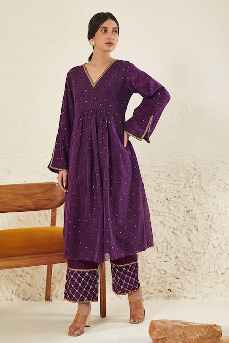 Buy Label Flamingo By Vrinda Purple Chanderi, Organza Mirrors, Sequins, Zari, Gathered Kurta And Pant Set Online at Aza Fashions Buy_Label Flamingo By Vrinda_Purple Chanderi, Organza Mirrors, Sequins, Zari, Gathered Kurta And Pant Set _Online_at_Aza_Fashions