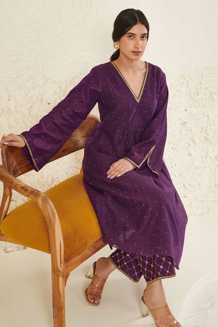 Shop Label Flamingo By Vrinda Purple Chanderi, Organza Mirrors, Sequins, Zari, Gathered Kurta And Pant Set Online at Aza Fashions Shop_Label Flamingo By Vrinda_Purple Chanderi, Organza Mirrors, Sequins, Zari, Gathered Kurta And Pant Set _Online_at_Aza_Fashions