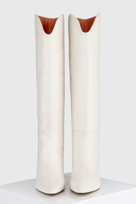 Shop_Oroh_Off White Kitten Heel Boots _at_Aza_Fashions