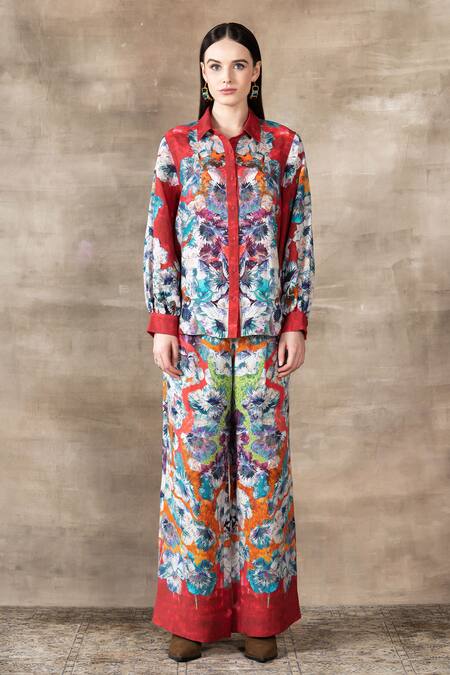 RANNA GILL_Red Linen Viscose Printed Floral Ruby Waterlily Button Down _Online_at_Aza_Fashions