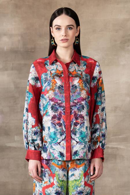 Buy_RANNA GILL_Red Linen Viscose Printed Floral Ruby Waterlily Button Down _Online_at_Aza_Fashions