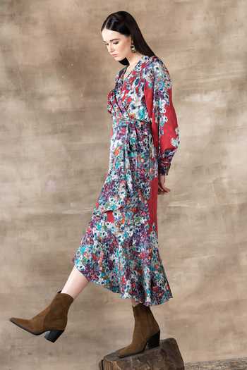 Buy Red Satin Viscose Printed Naomi Asymmetric Water Lily Midi Dress For Women by Ranna Gill Online at Aza Fashions in US Buy Red Satin Viscose Printed Naomi Asymmetric Water Lily Midi Dress For Women by Ranna Gill Online at Aza Fashions in US