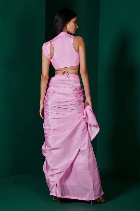 Shop Ekaya Banaras Pink Hemp, Silk Plain Handwoven Saree With Unstitched Blouse Fabric at Aza Fashions Shop_Ekaya Banaras_Pink Hemp, Silk Plain Handwoven Saree With Unstitched Blouse Fabric _at_Aza_Fashions