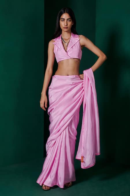 Buy Ekaya Banaras Pink Hemp, Silk Plain Handwoven Saree With Unstitched Blouse Fabric Online at Aza Fashions Buy_Ekaya Banaras_Pink Hemp, Silk Plain Handwoven Saree With Unstitched Blouse Fabric _Online_at_Aza_Fashions