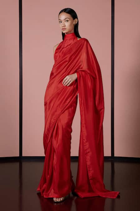 Ekaya Banaras Red Silk Handwoven Saree With Unstitched Blouse Fabric Online at Aza Fashions Ekaya Banaras_Red Silk Handwoven Saree With Unstitched Blouse Fabric _Online_at_Aza_Fashions